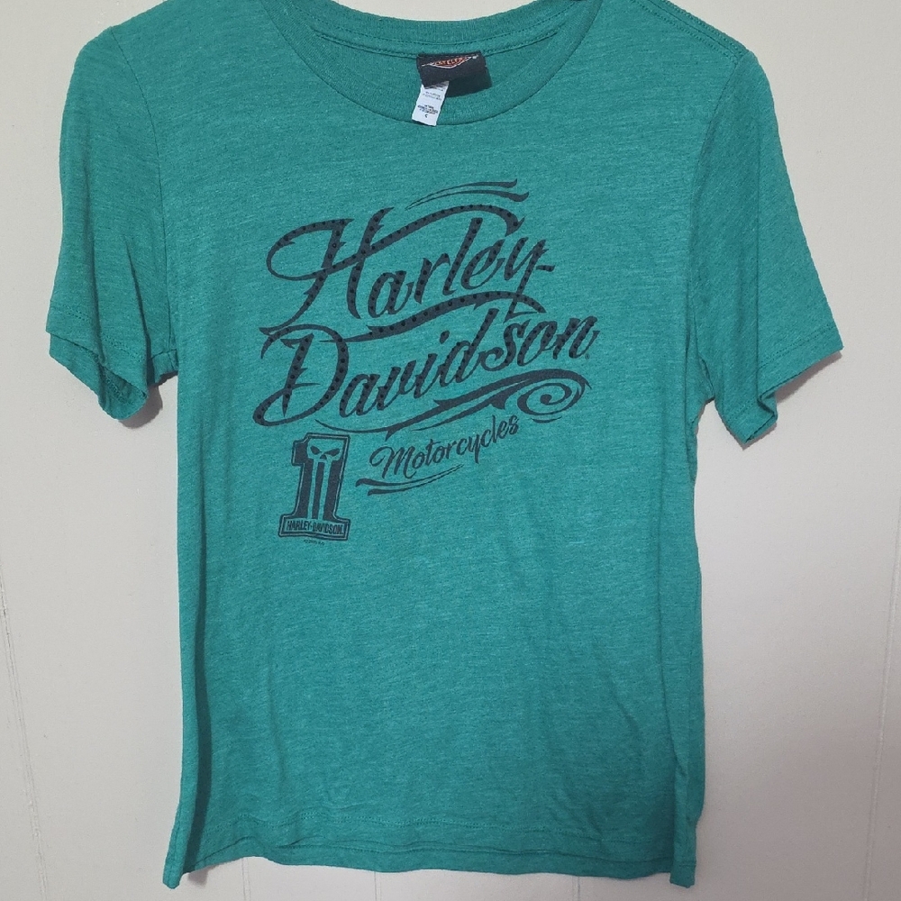 Harley-Davidson Teal Graphic Tee with Black Print